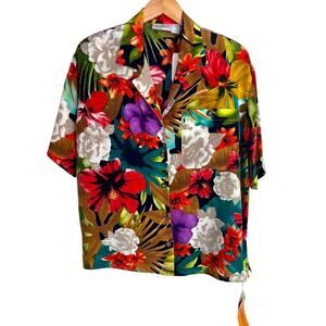 Liz Claiborne 100% Silk Button Up Blouse Tropical Floral Print Women's Size 8
